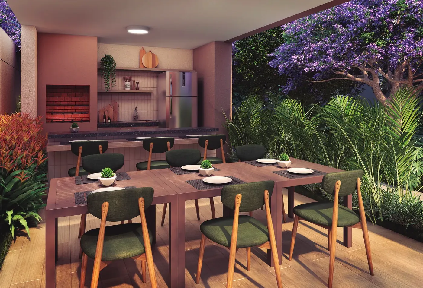 Espaço gourmet com churrasqueira – perspectiva ilustrada do Home Park Chácara do Jockey