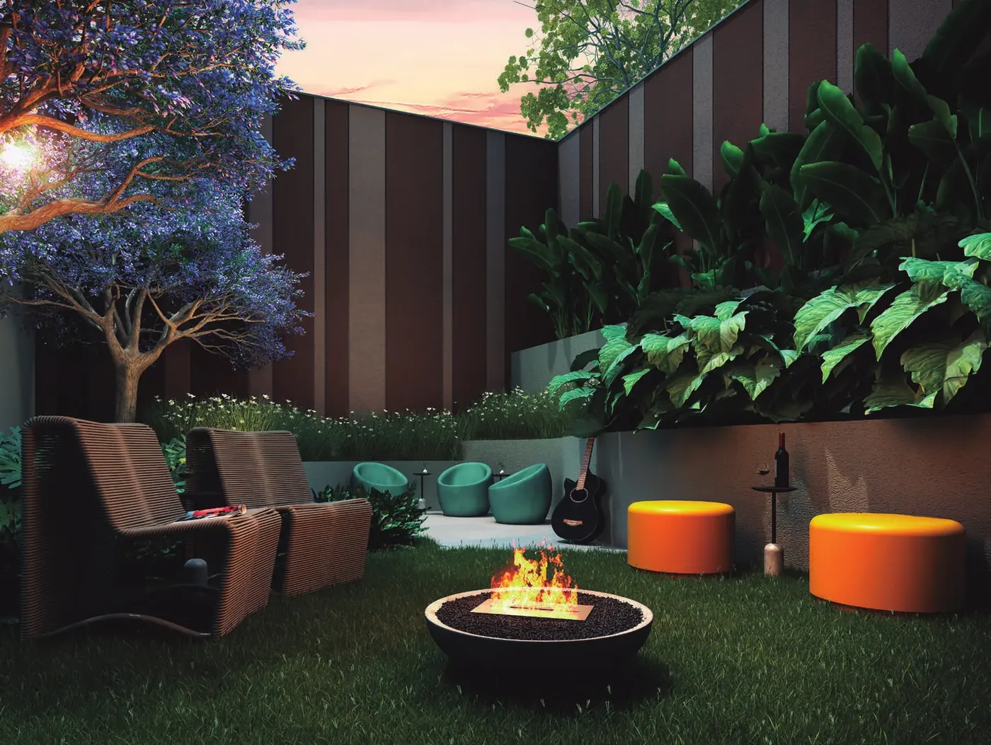 Lounge externo com fogueira – perspectiva ilustrada do Home Park Chácara do Jockey
