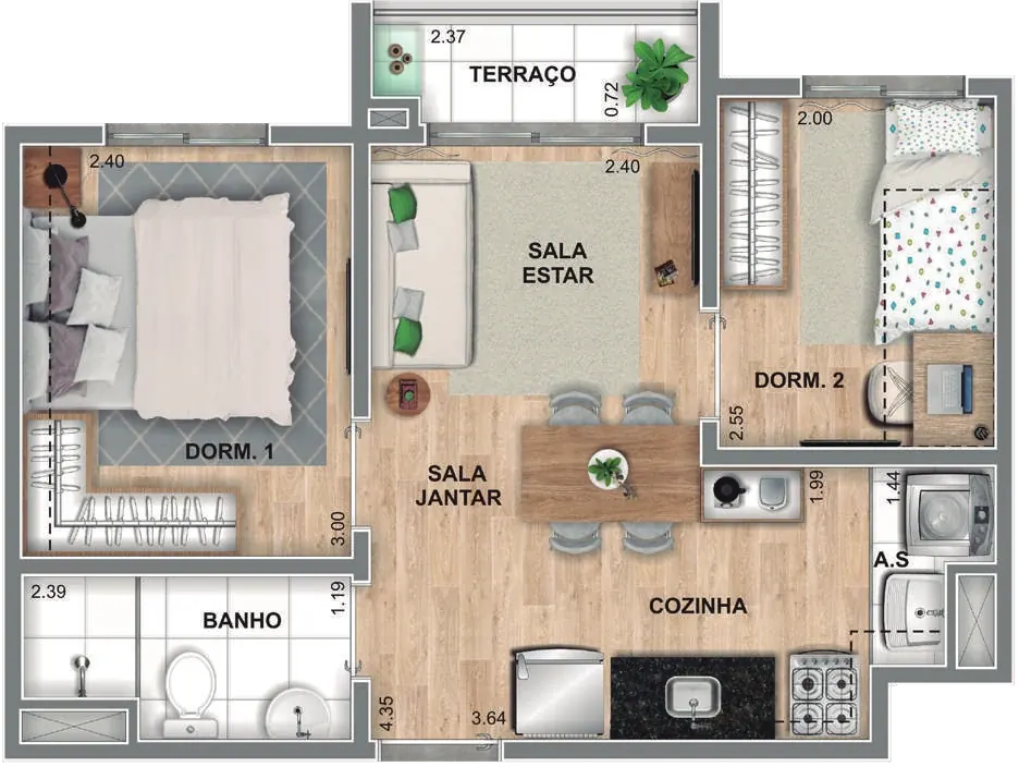 Planta de 36,46 m² com 2 dormitórios – Home Park Chácara do Jockey